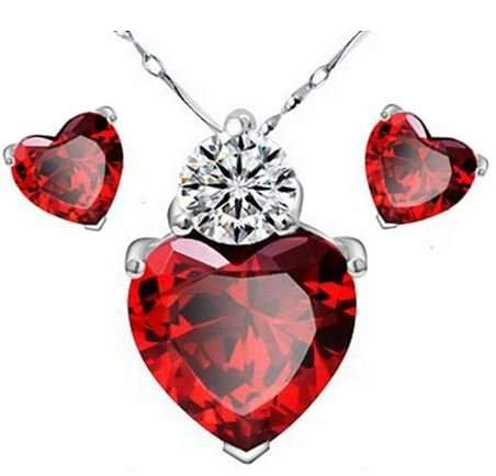 Exquisite Red Ruby Cubic Zirconia Heart Shaped Jewelry Set in Complimentary Gift Box