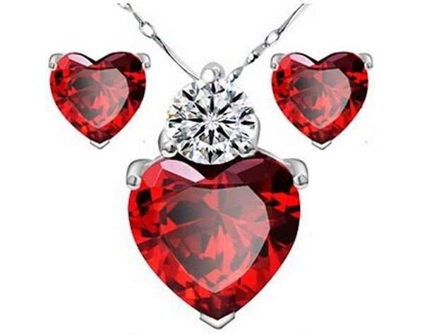 Exquisite Red Ruby Cubic Zirconia Heart Shaped Jewelry Set in Complimentary Gift Box