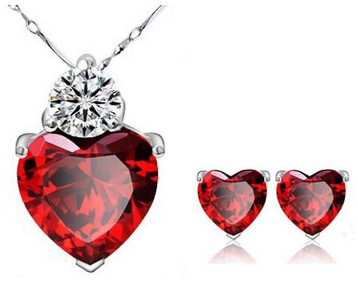 Exquisite Red Ruby Cubic Zirconia Heart Shaped Jewelry Set in Complimentary Gift Box