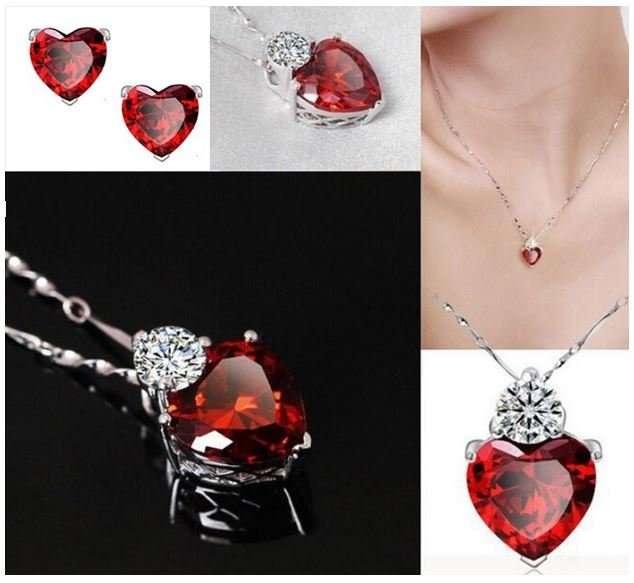 Exquisite Red Ruby Cubic Zirconia Heart Shaped Jewelry Set in Complimentary Gift Box