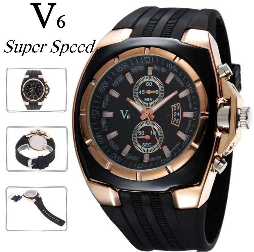 Elegant & Sporty V6 Stainless Steel & Silicone Men's Quartz Wrist Watch in Black & Gold