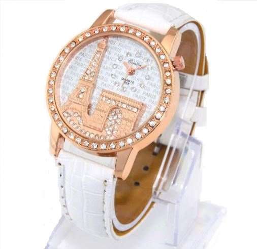 MOTHERS DAY - Elegant Paris Eiffel Tower Rose Gold & Austrian Crystal Leather Quartz Wrist Watch
