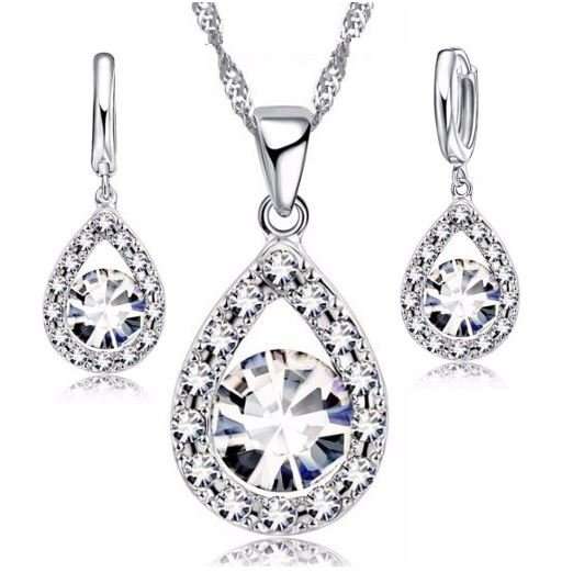 Elegant 925 Sterling Silver Cubic Zirconia Water Drop Jewelry Set in Complimentary Gift Box