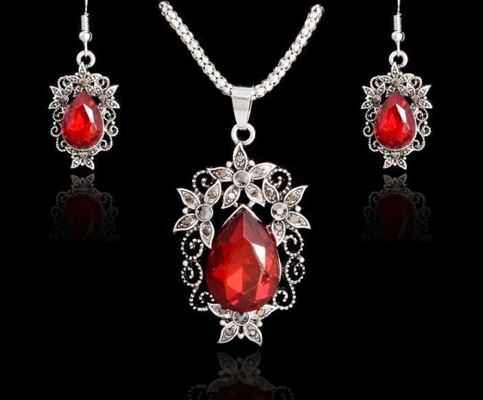Elegant Vintage Silver Blue OR Red Cubic Zirconia Jewelry Set in Complimentary Gift Box