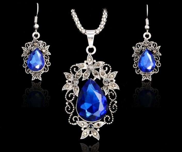 Elegant Vintage Silver Blue OR Red Cubic Zirconia Jewelry Set in Complimentary Gift Box
