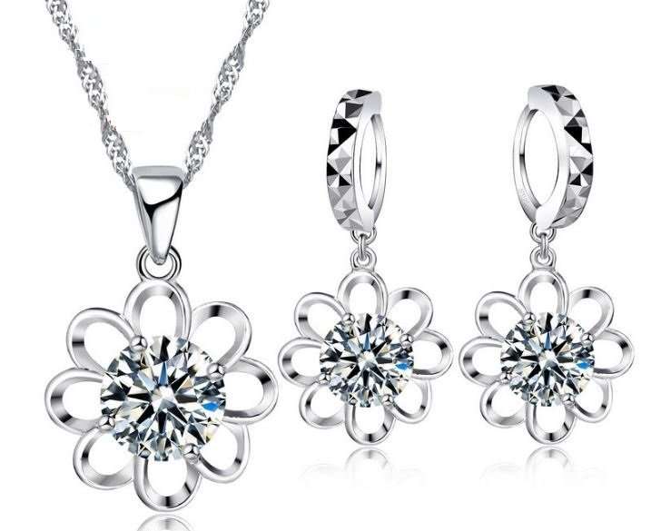 925 Sterling Silver Cubic Zirconia Flower Jewelry Set in Complimentary Gift Box