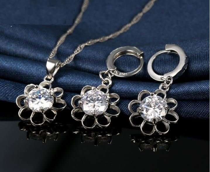925 Sterling Silver Cubic Zirconia Flower Jewelry Set in Complimentary Gift Box