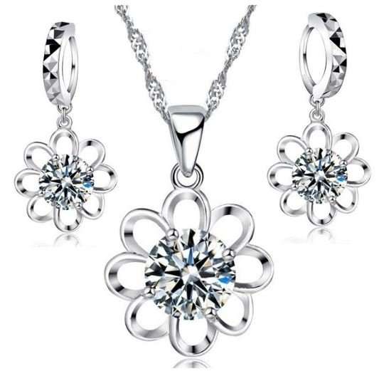 925 Sterling Silver Cubic Zirconia Flower Jewelry Set in Complimentary Gift Box