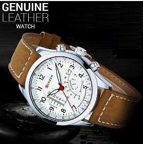 Elegant CURREN Military Leather Mens Wrist Watch - White & Brown in Gift Box