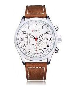 Elegant CURREN Military Leather Mens Wrist Watch - White & Brown in Gift Box
