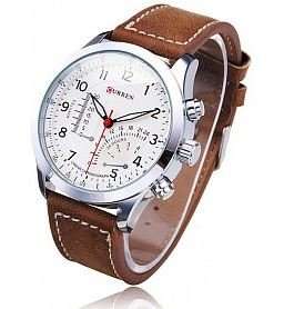 Elegant CURREN Military Leather Mens Wrist Watch - White & Brown in Gift Box