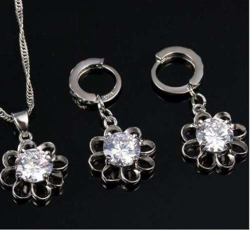 925 Sterling Silver Cubic Zirconia Flower Jewelry Set in Complimentary Gift Box