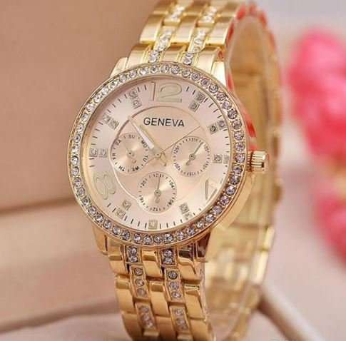 Elegant Ladies Geneva Crystal Quartz Chronograph Wrist Watch in Gold or Silver