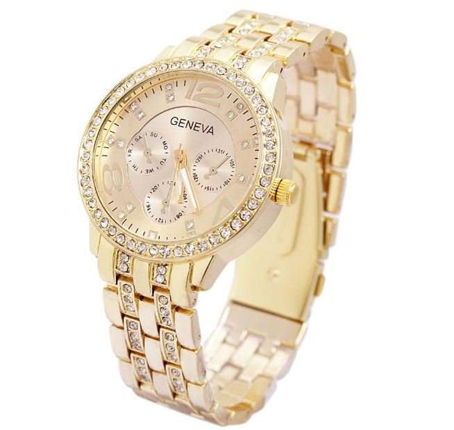 Elegant Ladies Geneva Crystal Quartz Chronograph Wrist Watch in Gold or Silver