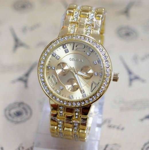 Elegant Ladies Geneva Crystal Quartz Chronograph Wrist Watch in Gold or Silver