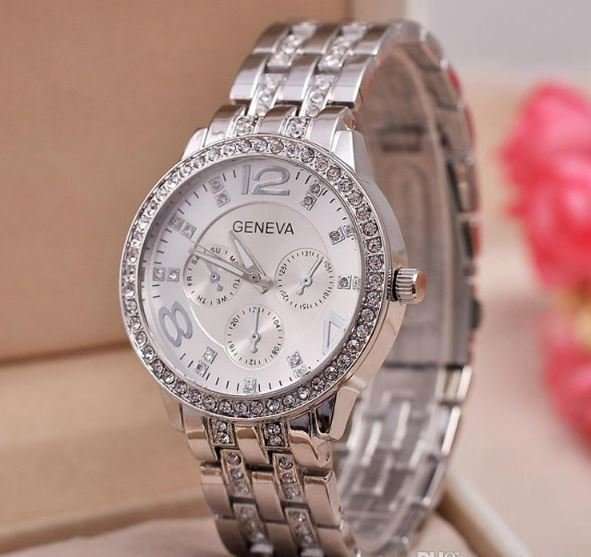 Elegant Ladies Geneva Crystal Quartz Chronograph Wrist Watch in Gold or Silver