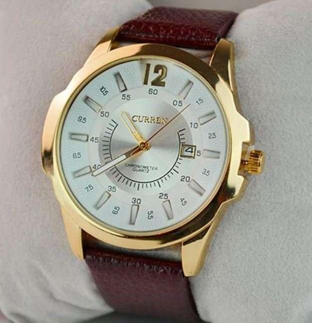 Elegant & Professional AUTO DATE CURREN Mens Business Watch With Leather Strap in White and Gold