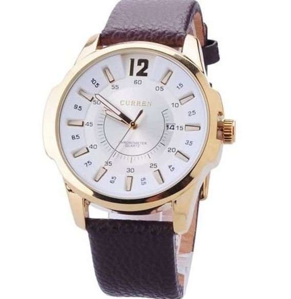 Elegant & Professional AUTO DATE CURREN Mens Business Watch With Leather Strap in White and Gold