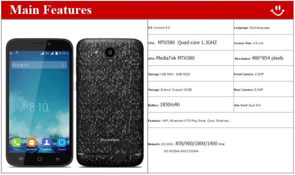 QUAD CORE, ANDROID 6.0, 8GB, 1GB Ram, 3G Smartphone - Dual Sim, 5MP Camera, G Sensor, GPS etc