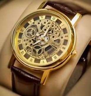 Trendy Men's Stainless Steel & Leather Skeleton Wrist Watch in Gold & Brown