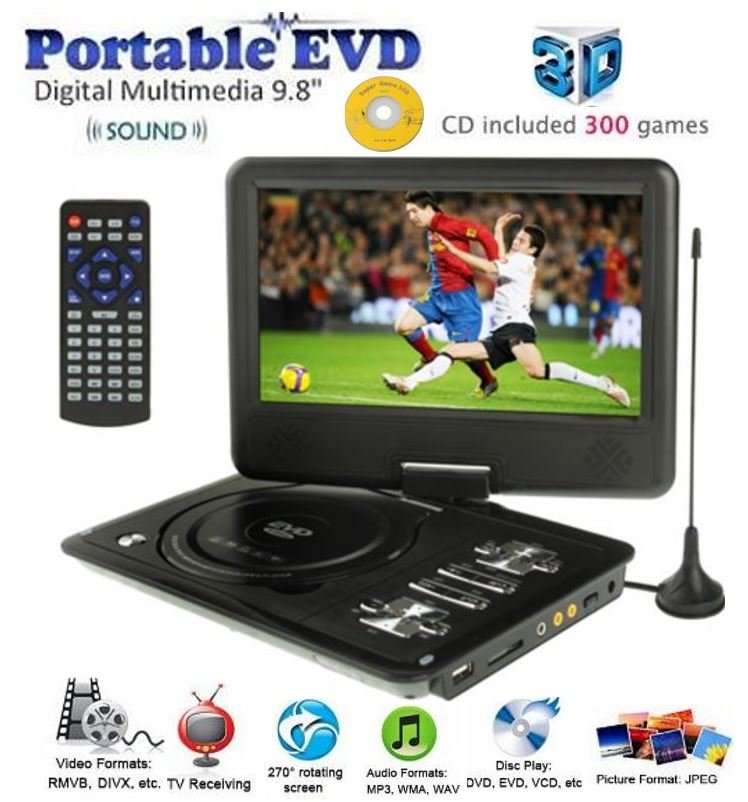 3D 9.8" Portable Colour EVD with TV Player, FM Radio, Card Reader, USB, 300 FREE GAMES and lots more
