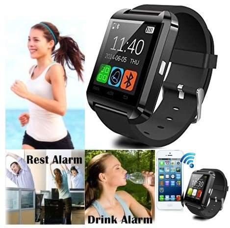 Bluetooth Smartwatch - iPhone, Android, Pedometer, Sleep Monitor, Drink Reminder etc - Black