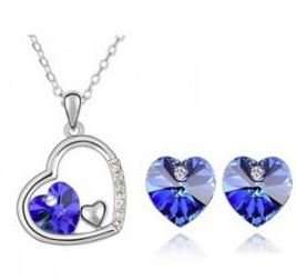Elegant 18K White Gold Plated Floating Heart Love Jewellery Set With Austrian Crystals in 4 Colours