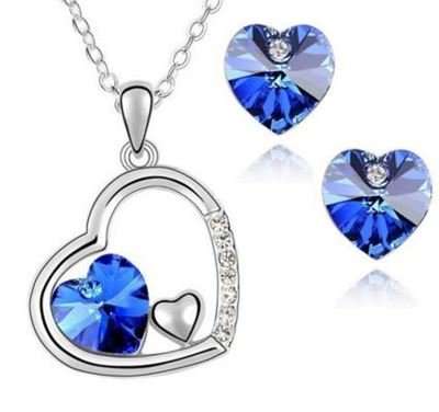 Elegant 18K White Gold Plated Floating Heart Love Jewellery Set With Austrian Crystals in 4 Colours