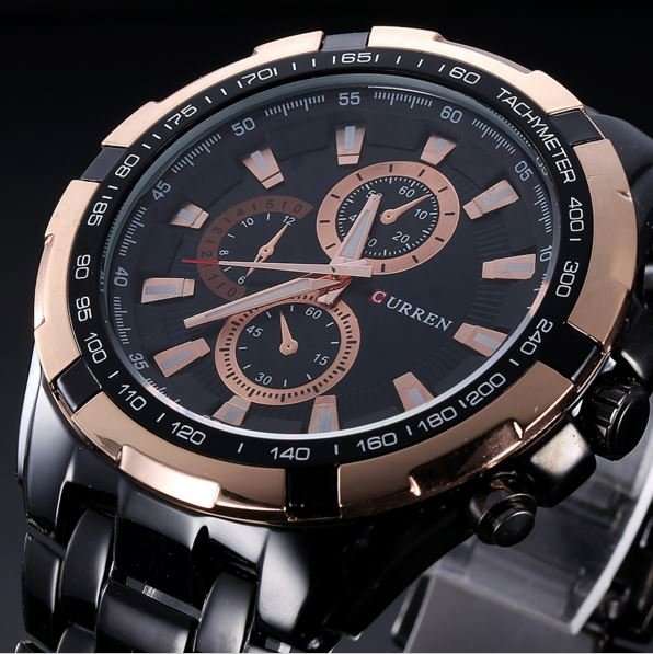Elegant CURREN Military Mens Quartz Wrist Watch With Stainless Steel Strap - Black and Gold