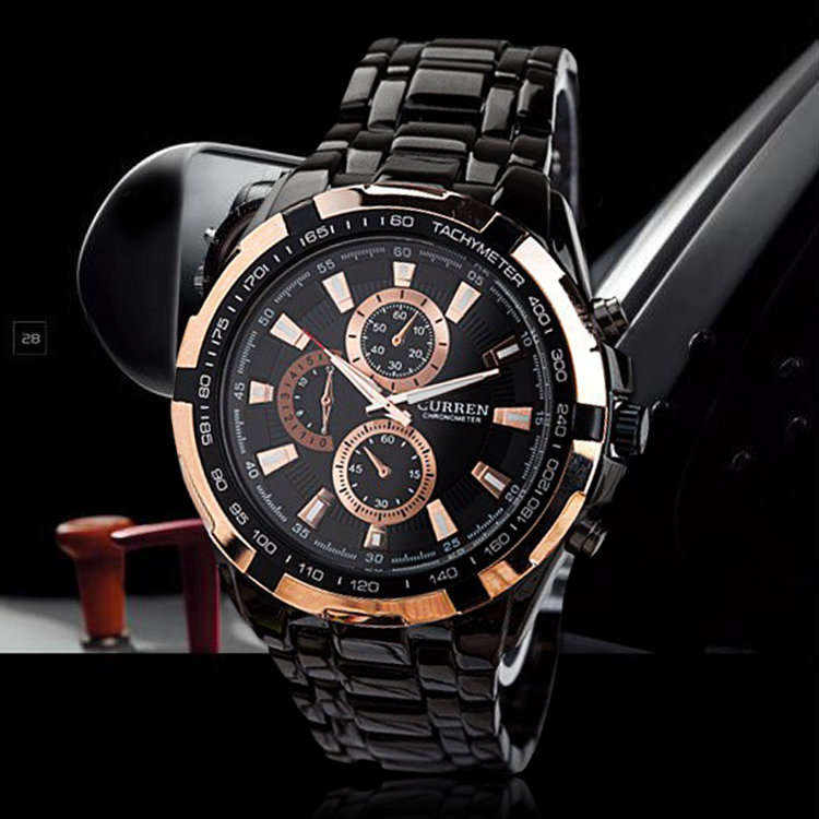 Elegant CURREN Military Mens Quartz Wrist Watch With Stainless Steel Strap - Black and Gold