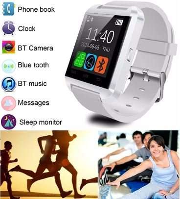 Bluetooth Smartwatch for Android - Pedometer, Sleep Monitor, Drink Reminder, Remote Camera - WHITE