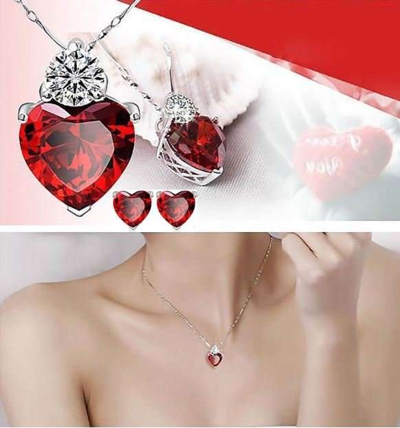 Exquisite Red Ruby Cubic Zirconia Heart Shaped Jewelry Set in Complimentary Gift Box