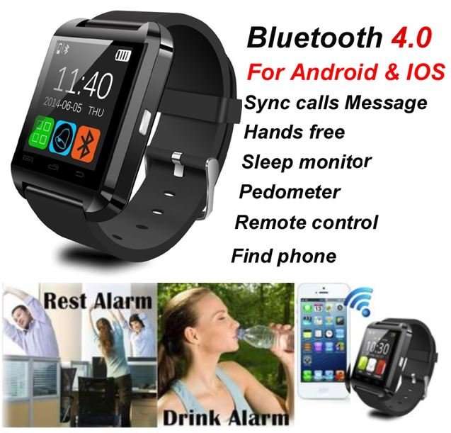 Bluetooth Smartwatch - iPhone, Android, Pedometer, Sleep Monitor, Drink Reminder etc - Black