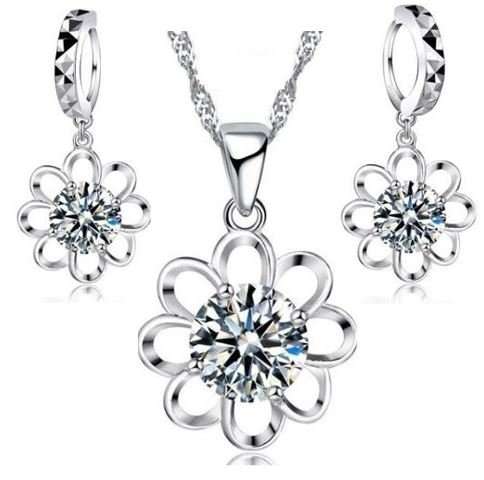 925 Sterling Silver Cubic Zirconia Flower Jewelry Set in Complimentary Gift Box