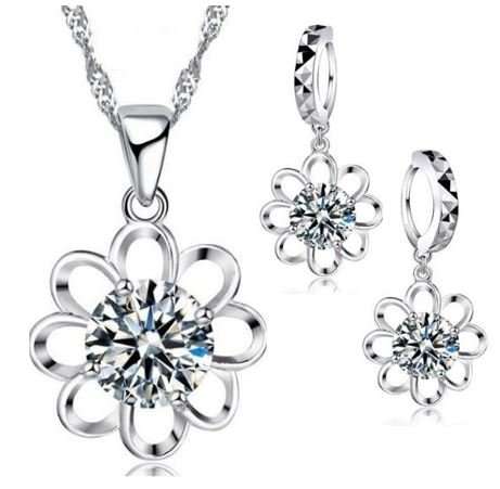 925 Sterling Silver Cubic Zirconia Flower Jewelry Set in Complimentary Gift Box