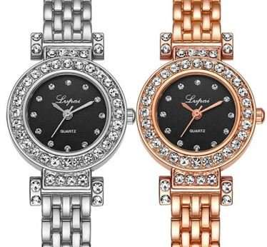 Elegant Ladies LVPAI Crystal Diamante Quartz Wrist Watch in Gold or Silver