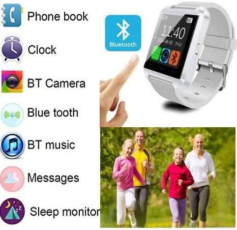 Bluetooth Smartwatch for Android - Pedometer, Sleep Monitor, Drink Reminder, Remote Camera - WHITE