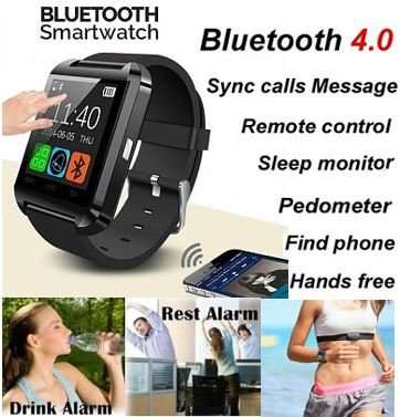Bluetooth Smartwatch - iPhone, Android, Pedometer, Sleep Monitor, Drink Reminder etc - Black