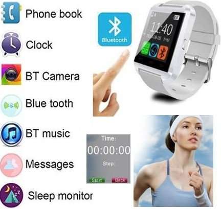 Bluetooth Smartwatch for Android - Pedometer, Sleep Monitor, Drink Reminder, Remote Camera - WHITE