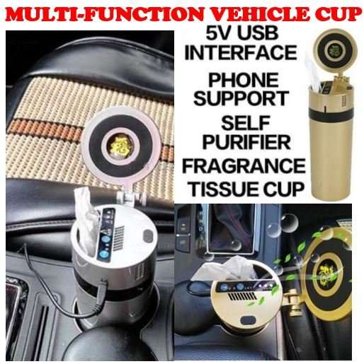 Multi-Function Vehicle Cup - 5V USB Interface, Phone Support, Self Purifier, Tissue cup, Fragrance