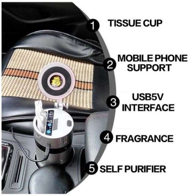 Multi-Function Vehicle Cup - 5V USB Interface, Phone Support, Self Purifier, Tissue cup, Fragrance