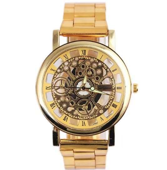 Business Men's Stainless Steel Skeleton Wrist Watch in Gold - Complimentary Gift Box