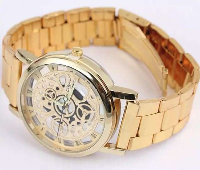 Business Men's Stainless Steel Skeleton Wrist Watch in Gold - Complimentary Gift Box