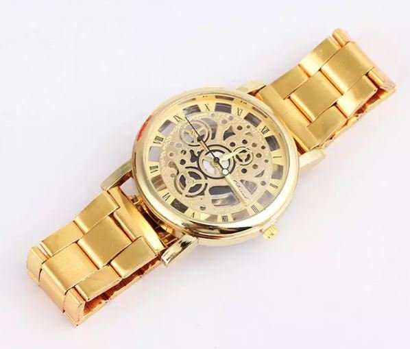 Business Men's Stainless Steel Skeleton Wrist Watch in Gold - Complimentary Gift Box
