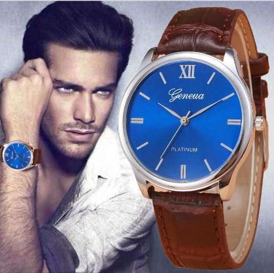 Elegant Men's Business Platinum Blue, Brown Leather Wrist Watch in a Complimentary Gift Box
