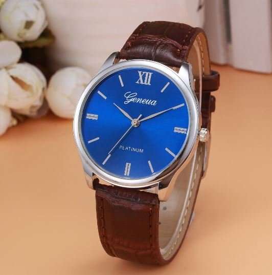 Elegant Men's Business Platinum Blue, Brown Leather Wrist Watch in a Complimentary Gift Box