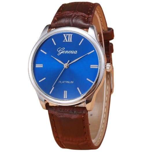 Elegant Men's Business Platinum Blue, Brown Leather Wrist Watch in a Complimentary Gift Box
