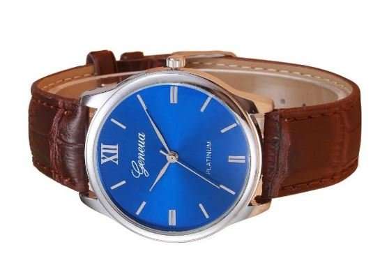 Elegant Men's Business Platinum Blue, Brown Leather Wrist Watch in a Complimentary Gift Box