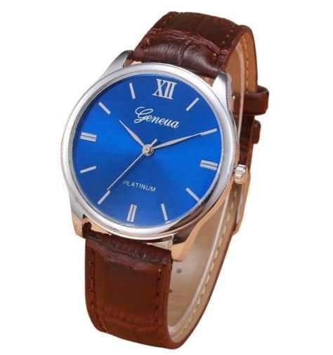 Elegant Men's Business Platinum Blue, Brown Leather Wrist Watch in a Complimentary Gift Box