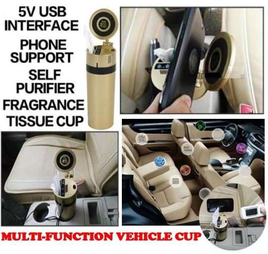 Multi-Function Vehicle Cup - 5V USB Interface, Phone Support, Self Purifier, Tissue cup, Fragrance